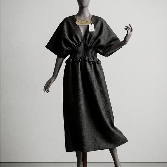 Sea Dresses & Skirts - Sea New York Black Smocked Midi Dress Size 10 Designer V-Neck Short Sleeve woman